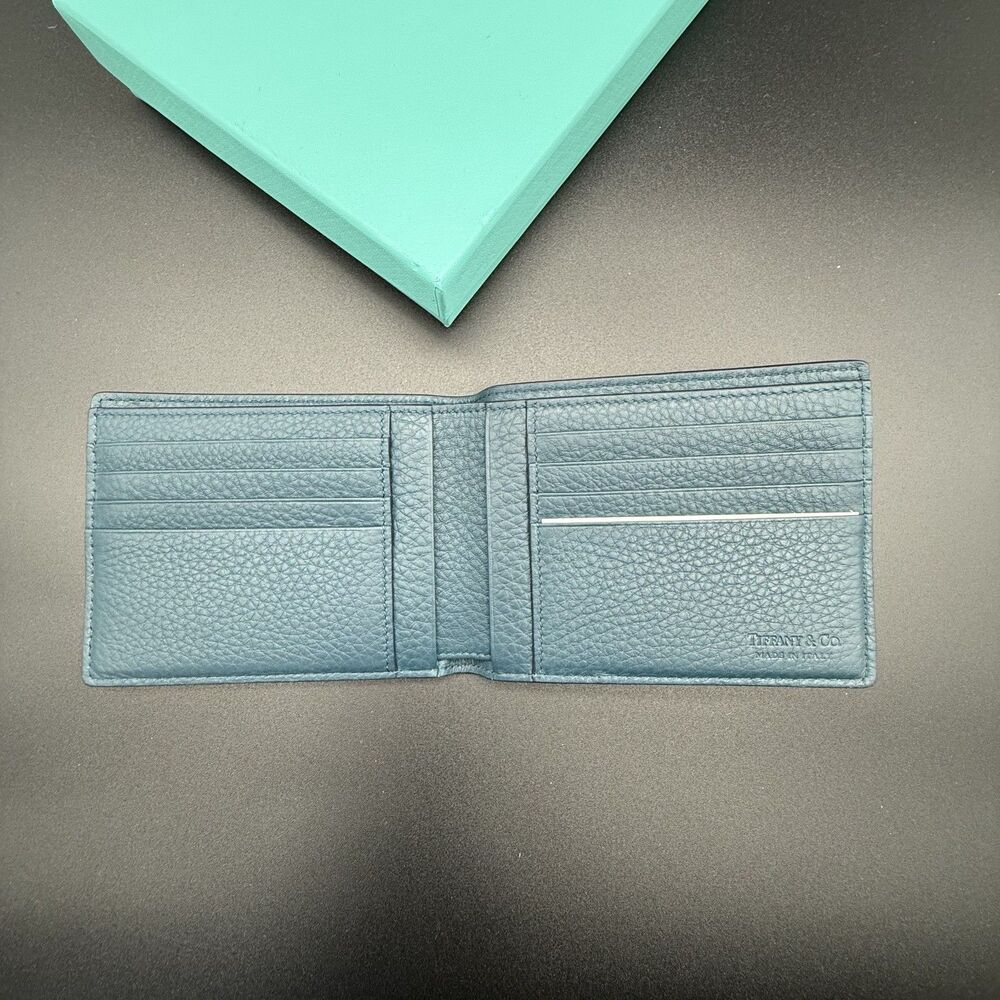 NEW Tiffany & Co. Men’s Grain Leather Bifold Wallet - Pond Blue - Full Set - Picture 4 of 11